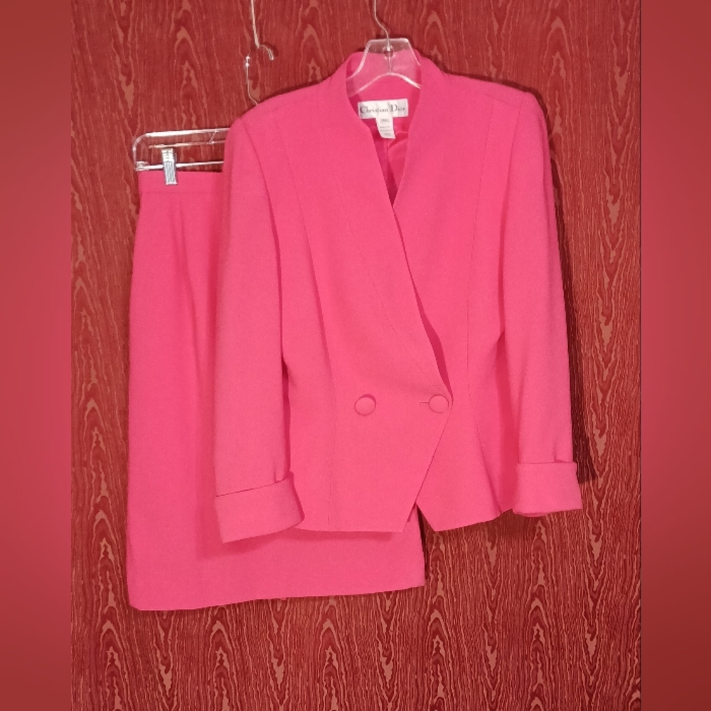 CHRISTIAN DIOR 2 Piece Long Sleeve 2 Button V-Neck No Collar Skirt Women 12